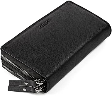 KRONIFY Leder Geldbörse Damen I Echtleder XXL Geldbeutel I Doppelter Reißverschluss I Groß I RFID Schutz I Portmonee mit Münzfach I 29 Kartenfächer I Frauen Portemonnaie I Nappa Schwarz