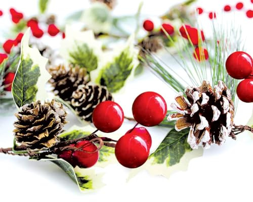 Winter Garland Christmas Decoration of Red Berries, Pine Cones, Holly & Evergreen Pine Needle – Unlit Holiday Berry Décor for Home, Kitchen, Bar & Fireplace & Decorative Outdoor Greenery 6 Ft Long