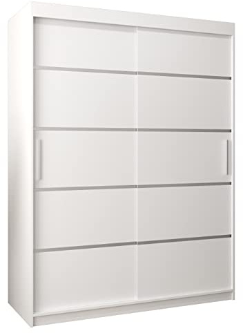 MEBLE KRYSPOL Schwebetürenschrank Verona 1 150 cm Kleiderschrank mit Kleiderstange und Einlegeboden Schlafzimmer- Wohnzimmerschrank Schiebetüren Modern Design (Schubladen: 0, Weiß)