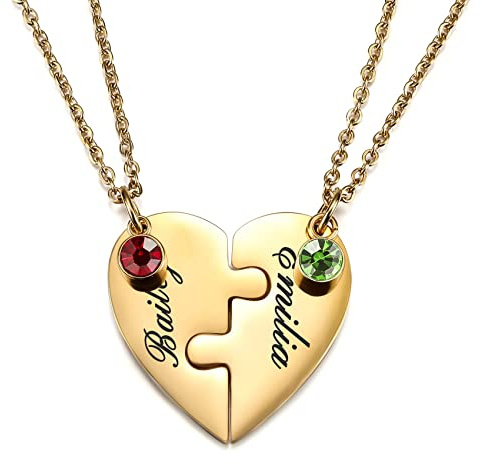 MunkiMix Personalisierte Halskette für Männer/Frauen, Paar-/Freundschaftskette für 2/3/4/5 Teile, Schwarz/Silber Herz-Puzzle-Teile-Halsketten-Sets, Name/Text-Gravur Edelstahl-Halskette (2 Stück+Stein)