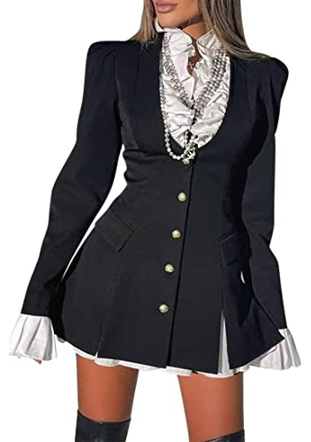 Yesgirl Femme Robe Chemise Courte Sexy Manches Longues Automne Robe Chic Boutons Chemise Robe Rétro Élégant Automne Hiver Robe Dessus Genou A Noir XXL