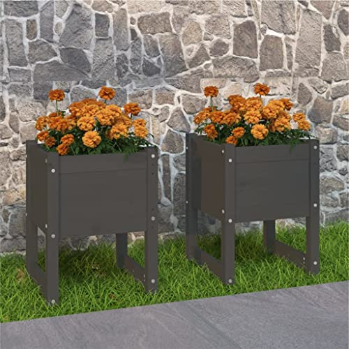 WIFESE Lot de 2 pots de fleurs, gris, 40 x 40 x 52,5 cm, en bois de pin massif, grands, pour extérieur, jardinières, balcons, carrés, hauts
