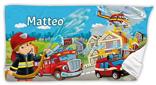 Unikatolo Kinder Handtuch Feuerwehr mit Name personalisiert 50 x 100 cm | Strandtuch Bedruckt individuelles Geschenk Kinder Ostern Taufe Schulanfang Geburt Geburtstag Kindergeburtstag