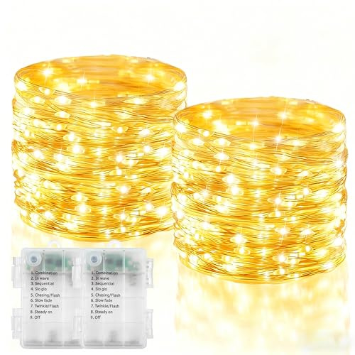 2 Pack Fairy Lights Battery Operated, 200 LED 66Ft Silver Wire Twinkle String Light 8 Modes Auto Timer Mini Christmas Fairy Lights for Bedroom Wedding Decor (Warm White)