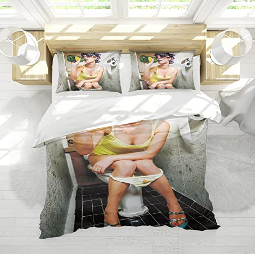 HOBBOY Persönlichkeit Mädchen Muster Bettwäsche-Sets Grauer Bettbezug Set 1 Bettbezug mit Reißverschluss 4 Eckbänder 2 Kissenbezüge Keine Laken 160x200 cm