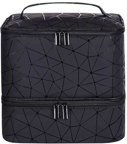 Black Large Makeup Bag, BYLife Nail Polish Organiser-Holds 30 Bottles Double-Layer Travel Storage Bags Waterproof PU Cosmetic Bag with Adjustable Dividers for Manicure Tools Storage