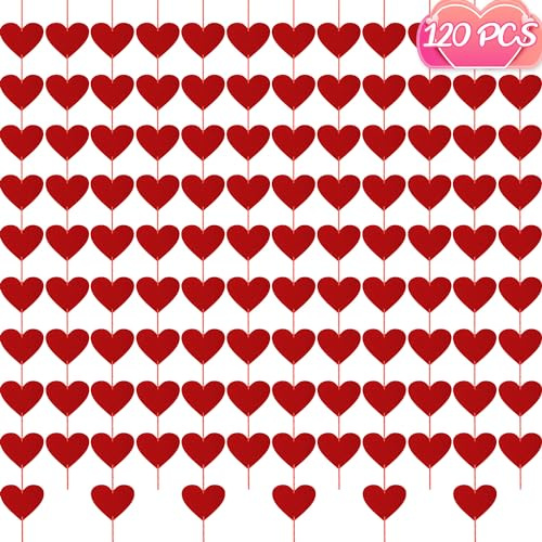 120PCS Felt Hearts, 12PCS Heart Banner, No DIY Hanging Heart Banner Indoor Outdoor Red Garland Heart Party Decor for Wall Window Door Fireplace