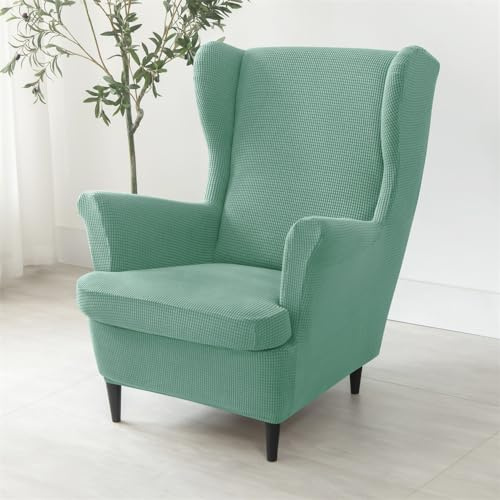 Highdi Funda de Sillón de Orejero Elástica en Jacquard para Strandmon, Color Sólido 2-Piezas Funda de Sofá Relax, Fundas Protector de Butaca para Club Dormitorio Hotel (Verde Claro)