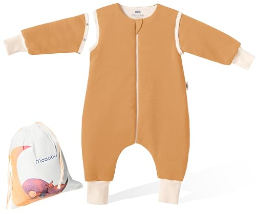 Mababu Året runt babysovsäck med fötter och avtagbara ärmar – 2,5 TOG – 100% GOTS ekologisk bomull – året runt barnsovsäck med fötter – vikbara manschetter (karamell, 90 cm)