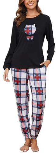 Reliwel Pyjama Femme Coton Ensembles de Pyjama Femme Hiver Chaud Haut Col Rond Manches Longues et Bas de Pyjama à Carreaux Vêtements de Nuit 2 Pièces Confortable Détente