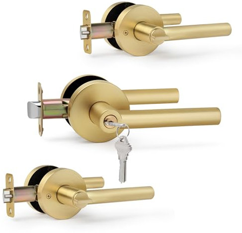 LOQRON Brushed Gold Entry Door Handle with Keys, Round Design Heavy Duty Door Lever, 3 Pack Wholesale Keyed-NOT-Alike Reversible for Left/Right Handed for Entrance and Front Door, Satin Brass