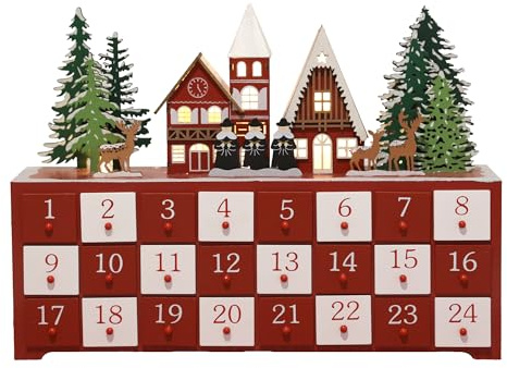 PE Handgefertigter Holz Adventskalender mit 24 Schubladen - Beleuchteter Weihnachtskalender mit Dorf Szene - Weihnachtsdeko zum Befüllen 37,5 x 8 x 27,3 cm