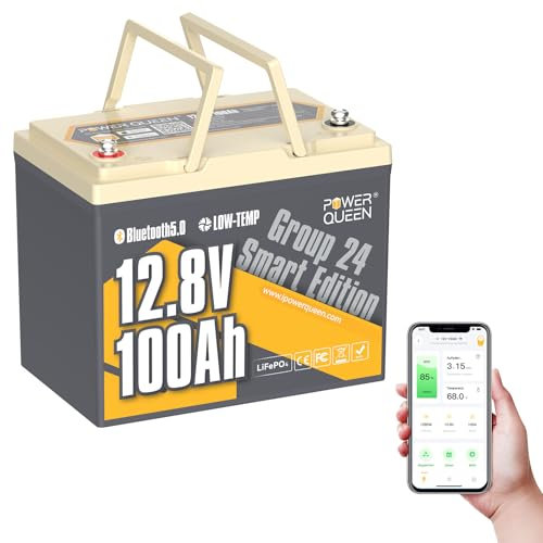 Power Queen 12,8V 100Ah Gruppe 24 Bluetooth LiFePO4 Batterie, Low-Temp-Abschaltschutz Tiefzyklus Lithium, Max.15000 Zyklen 10 Jahre Lebensdauer Batterie für Trailer, Trolling Motor, Off-Grid