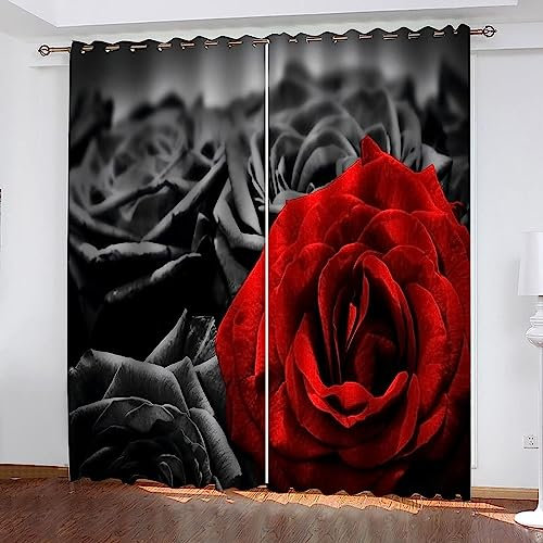 Vorhang Blickdicht Gardinen Mit Ösen - 2 Stücke Verdunklungsvorhänge 3D Rote Graue Rose Muster Thermovorhang Für Schlafzimmer Wohnzimmer Weihnachtsgardinen-4D2F6Z0I6H8