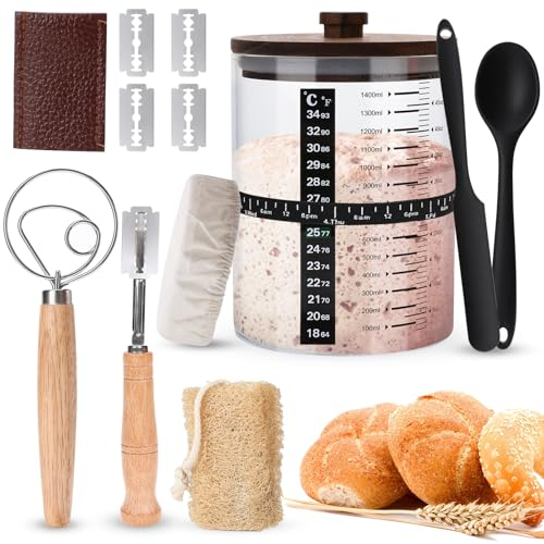Kairey 1500 ML Kit De Iniciación De Masa Madre, 8 Piezas Gran CalibreTarro de Masa Madre con Tapa de Madera, Cuchara de Silicona, Rasqueta de Silicona, Rasqueta y Batidor de Masa, Cepillo de Lufa