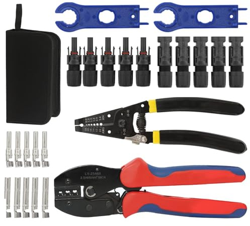 Kit de herramientas de crimpado de cable fotovoltaico para panel solar, kit de herramientas de crimpado solar con pelacables y cortador, 5 pares de conectores MC4, 1 par de llaves de montaje de