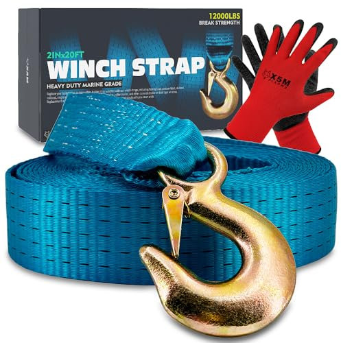 X5MPLXPMX Heavy-Duty Marine-Grade Boat Trailer Winch Strap Kit (2 x 20', 12,000 lbs Break Strength) for PWC, Pontoons & Fishing Boats – Includes Forged Hook & Work Gloves, Blue