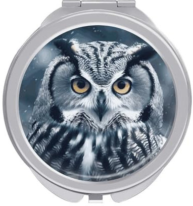 Dwrepo Reise-Make-up-Spiegel, grau und weiß, Eule, Schminkspiegel, tragbar, kleiner Kosmetikspiegel, 2-seitig, 2X/1-fache Vergrößerung, Taschenspiegel, kompakter Spiegel, zusammenklappbarer