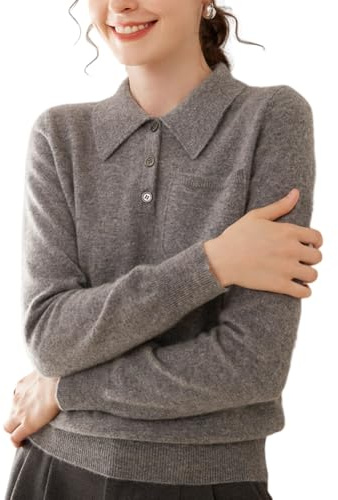 DISSA Women Cashmere Polo Pocket Front Knit Jumper,Grey,14