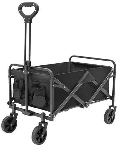 Qussse Bollerwagen Faltbar, Klappbar Offroad Handwagen Transportkarre Gerätewagen 360°Räder mit Getränkehalter bis 80kg