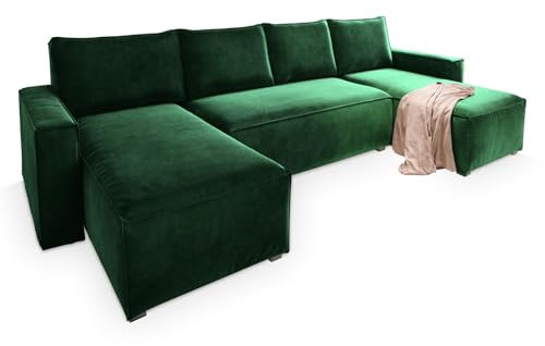 Masseno Ecksofa Deni mit Schlaffunktion U-Form, Sofa mit Bettkasten, Wohnzimmersofa, Couch, Soffa, Bettsofa, Couchgarnitur- Grün, Monolith 37