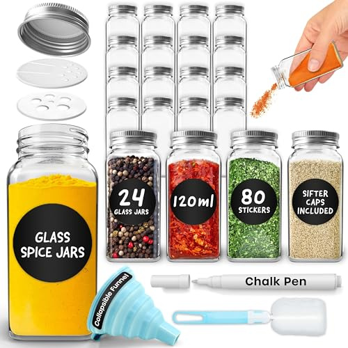volila Glass Spice Jars with Lids and Labels for Herbs and Spices - 120ml Square Spice Jars Storage for Kitchen Organisation - Comes with Stickers, Pen, Cleaning Sponge and Funnel (24 Pack)