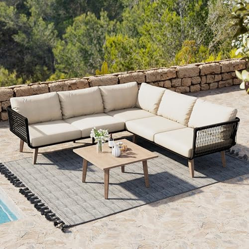 3-er Gartenmöbel Set Balkonmöbel Set aus Seil&verzinktem Stahlrohr, Terassenmöbel Außen mit 2 Sofas, Couchtisch, Sitzkissen und Rückenkissen, Garten Loungesessel Set für Terrasse/Balkon/Garten, Grau