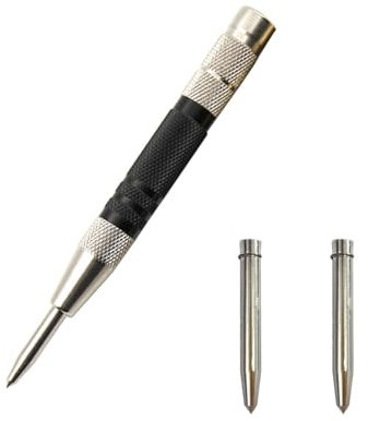 GCFTIFF Automatic Center Punch for Metal,Spring Loaded Center Punch Tool with 2 Extra Replacement Tip,Handed Spring Puncher for Wood,Plastic,Stainless Steel (6'' Black)