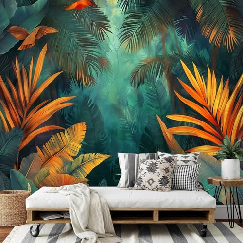 Fotomural Tela de seda para Pared Selva Tropical - Estilo Acuarela Mural para paredes Fotomural Decorativo, Decoración comedores Salones Habitaciones