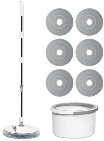 Tuxxjzm Cubo de fregona con escurridor, fregona de microfibra con escurridor, herramientas de limpieza de mango ajustable con 6 almohadillas de microfibra reemplazables para azulejos de madera dura