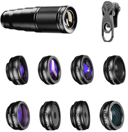 Cpolebev 10 in 1 Handy Objektiv Kit 22X Teleobjektiv Fischaugenobjektiv+Weitwinkel-Makroobjektiv+CPL-Filter für Alle Smartphones
