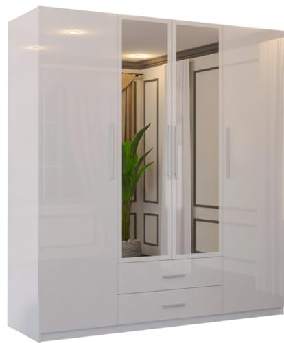 SLIDING WARDROBE 4U High Gloss & Mirror Hinged Wardrobe with Shelves, Drawer & Hanging Rail (White, 160cm)