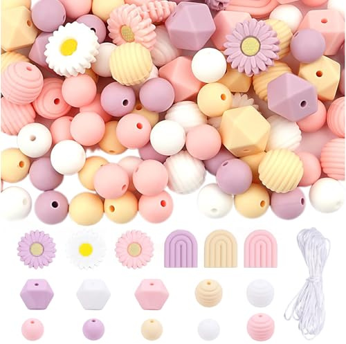 97 Stück Blumenförmige Silikonperlen, Bunt Gänseblümchen Silikonperlen Bulk mit Nylonseil, Rund & Polygonal Bastelperlen, Bunt Blumen Perlen für DIY Armbänder Handwerk Herstellung (Rosa)