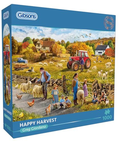 Gibsons Happy Harvest 1000 Piece Jigsaw Puzzle for Adults – Autumn Countryside Farm Scene by Greg Giordano – Nostalgic British Rural Artwork – Premium Sustainable Puzzle Made in the UK/EU