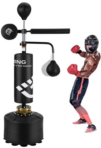 Boxsackständer, 5-in-1 Freistehender, Boxsack Erwachsene mit 3 Reflexbällen & 360°-Drehstange, höhenverstellbarer Standboxsack mit PU-Wrapped Bag & Wasserbarer Basis für Indoor Fitness Training
