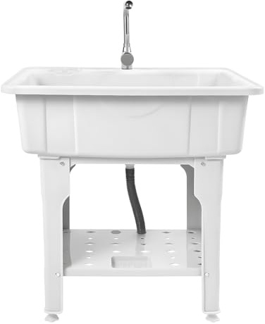 Dfmyhked 32 Inch Freestanding Plastic Laundry Sink, Utility Sink Laundry Tub with Hot/Cold Faucet, 154lbs Capacity Slop Sinks for Basement, Garage, Outdoor Washing (White)