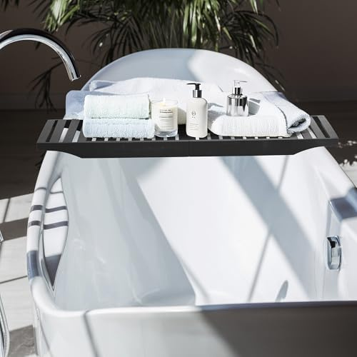 Vencier Foldable Bamboo Bath Tub Rack – Adjustable Bathroom Shelf, Tidy Tray & Storage Caddy Organiser for Relaxing Spa Bath (Black)