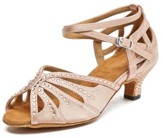 Women’s Ballroom Latin Salsa Dance Shoes, 2-Inch Low Heel, Comfortable with Rhinestones, Suede Sole, Lightweight, for Beginners, Practice, Social & Party Nude 8