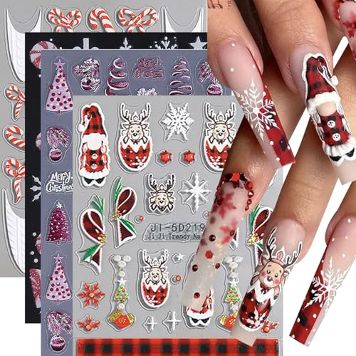 BSITSSS Nagelsticker Kleine Rentier zu Weihnachten, 5D Schneeflocke Schleife Nagel Stickers, Modisch Zuckerstange Nagelaufkleber, Schön Nagel Sticker, 4 Blätter Nagellack Aufkleber Dekoration