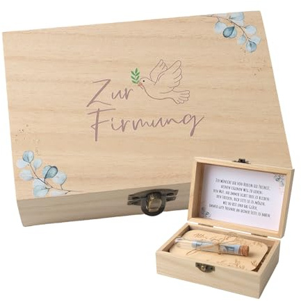 5-Teiliges Firmung Geschenke, mit Glückwunschkarte, Reagenzglas, Raffia, Holzkarte, Verpackung für Geldgeschenke (14,5 x 10,5 x 6,5 cm) für Firmung Deko