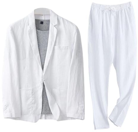 Completo da Uomo in Lino e Cotone, 2 Pezzi, vestibilità Slim, con Giacca da Smoking e Pantaloni con Coulisse, Estivo, per Matrimonio, Ballo di fine Anno, Bianco, Taglia M
