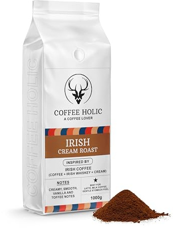 Coffee Holic Irish Cream Whiskey Ground Coffee 1000g (2.2lb) – Bold, Intense Espresso for Moka Pot & Espresso Machines, Medium Roast Ground Coffee for Cafetiere, for Ground Coffee Gift Set