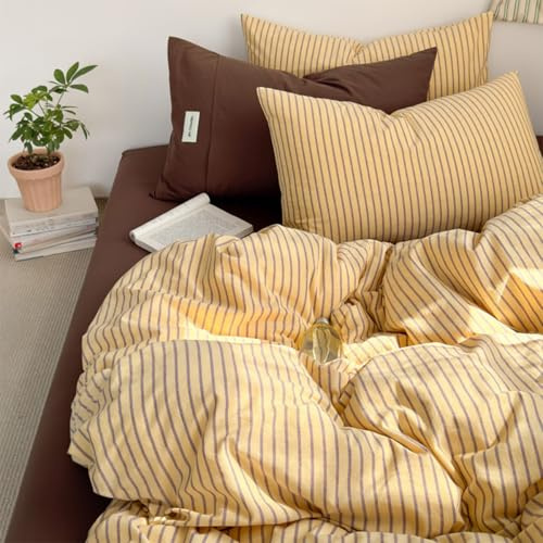 Sedefen Bettwäsche 200x200cm Gelb Gestreift Bettbezug 2 Kissenbezug 80x80cm | Vintage Gelb Braun Streifen Weiche Microfaser Bettwäsche, 3teilig ÖkoTex Bettwäsche-Sets mit Reißverschluss, Atmungsaktiv