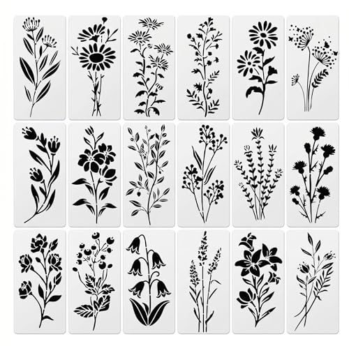 18 Stück Schablonen Set Blumen Schablonen & Malschablonen Wiederverwendbare Schablone zum Malen für DIY Zeichnung Scrapbooking Wandgestaltung Textilgestaltung – Pflanzenmotive (7,5x15 cm)