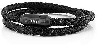Akitsune Suprema Magnetisches Lederarmband | Armschmuck Damen Herren Edelstahl Doppelt Gewickelt Armband Mattschwarz
