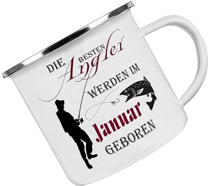 Crealuxe Emaille Tasse Die besten Angler werden im Januar geboren - Kaffeetasse mit Motiv, Campingtasse, bedruckte Emailletasse mit Wunschtext