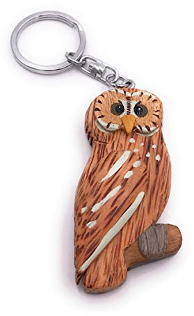 Onwomania Porte-clés en bois chouette effraie hibou oiseau hibou hibou forêt forêt charme pendentif