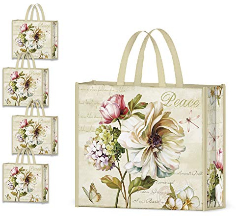 NymphFable 4 Pack Tote Bag Reusable Peony Flowers Shopping Bags Washable Foldable Large Grocery Bags