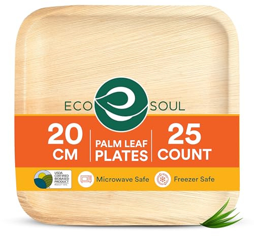 ECO SOUL quadratische Palmblatt-Teller 20 cm (8 Zoll) (25 Stück) | 100% kompostierbar & robust | Premium Einwegteller | Umweltfreundliche Party- & Dessertteller