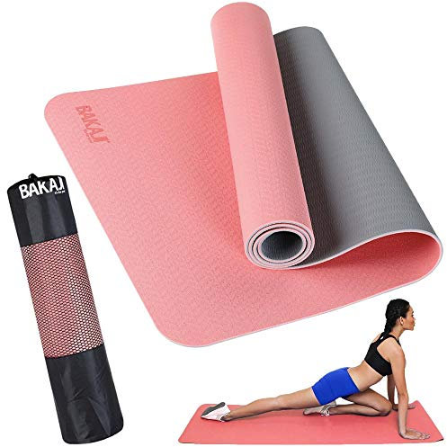 BAKAJI Tappetino Yoga in TPE Ecologioco Doppio Strato Antiscivolo Alta Densità Materassino Tappeto Allenamento Fitness Aerobica Palestra Ginnastica Dimensione 180 x 61 cm con Custodia (Rosa/Grigio)